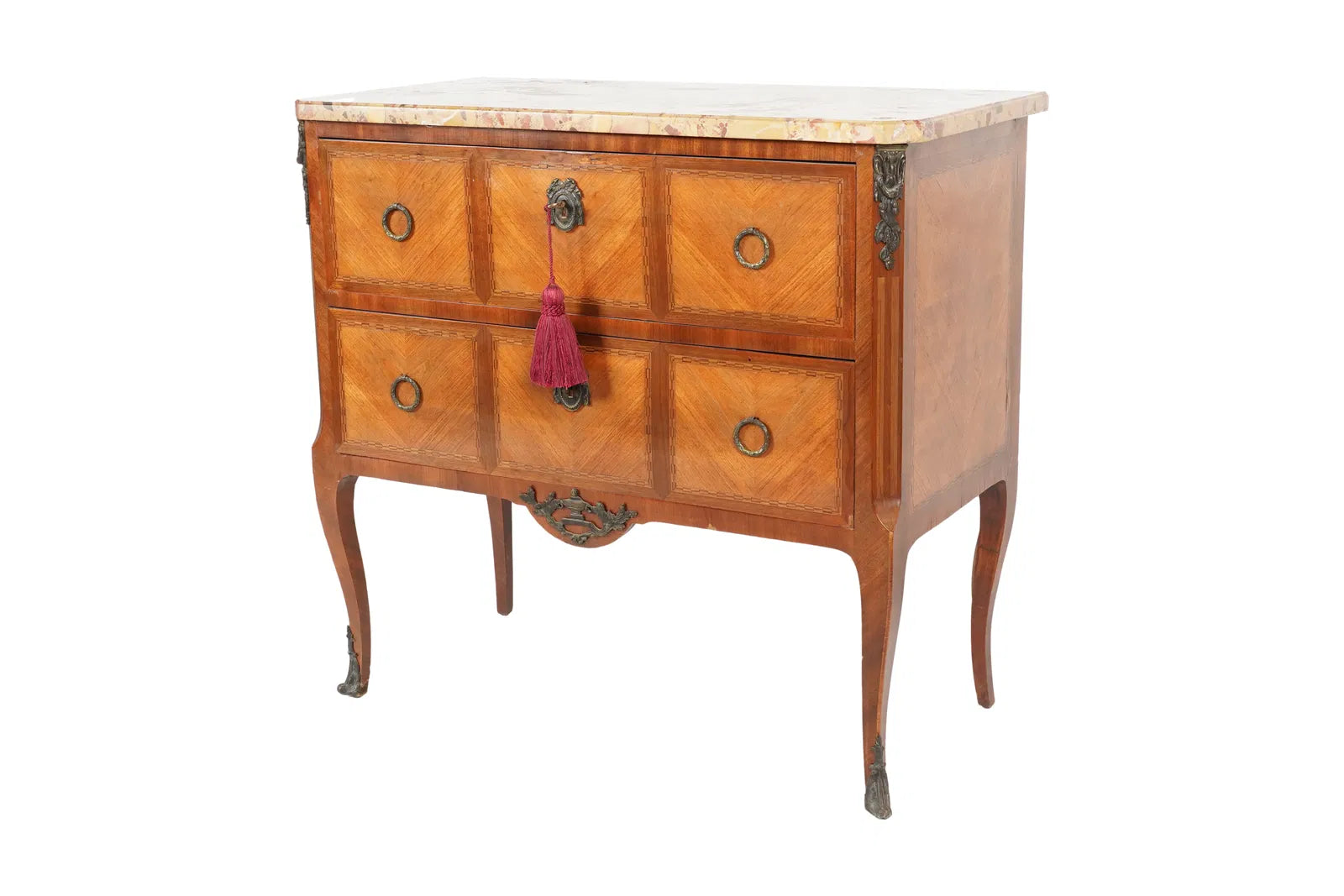 Late 19th Century French Louis XV Marble Top Marquetry Chest | Work of Man