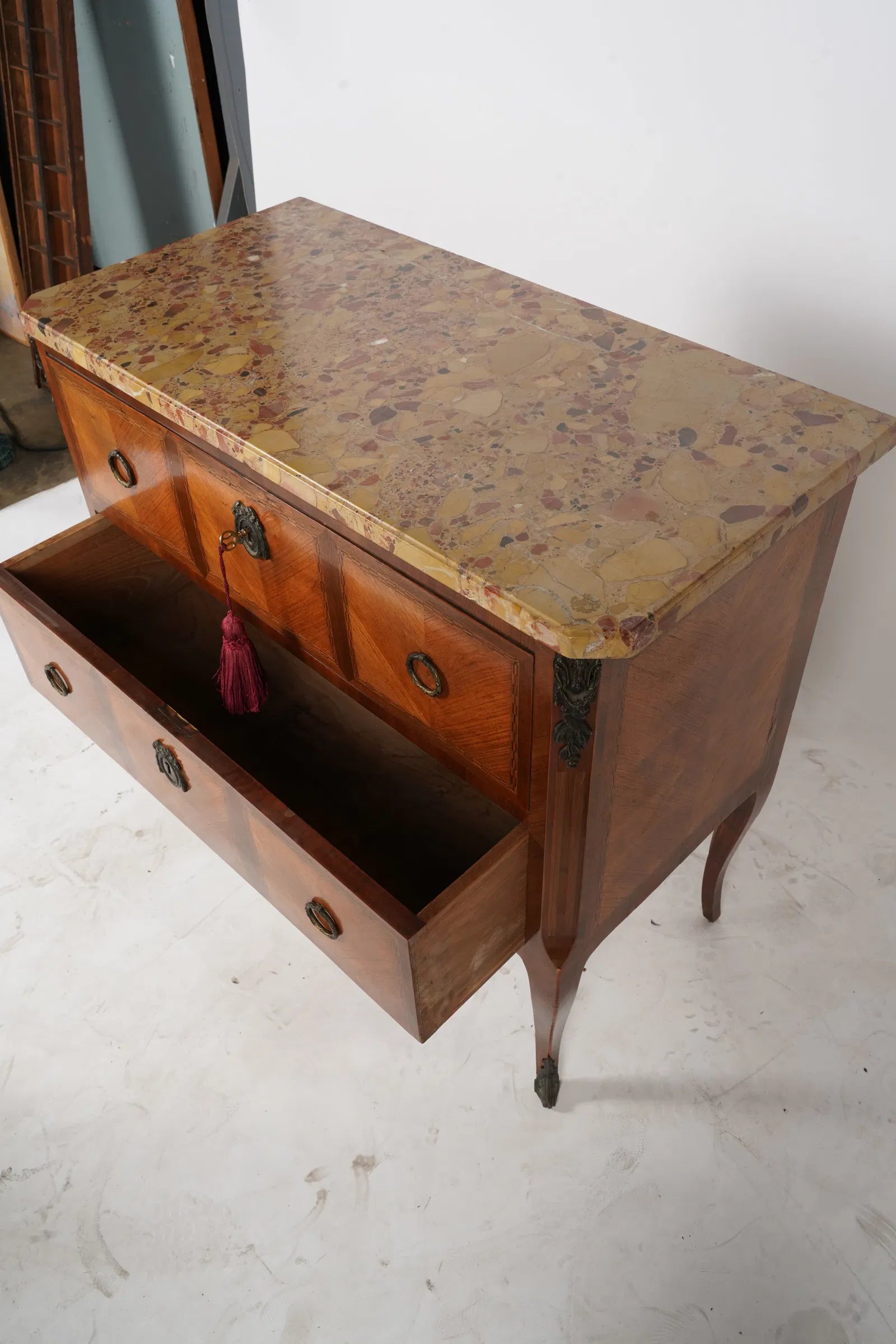 AF4-035: Late 19th Century French Louis XV Marble Top Kingwood Marquetry Chest