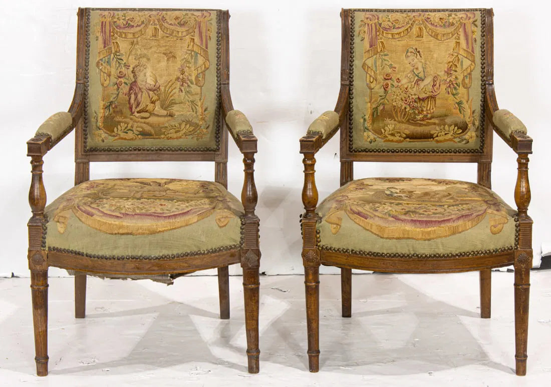 AF2-049: Antique Early 19th Century French Louis XVI Petit Point Upholstered Bergeres