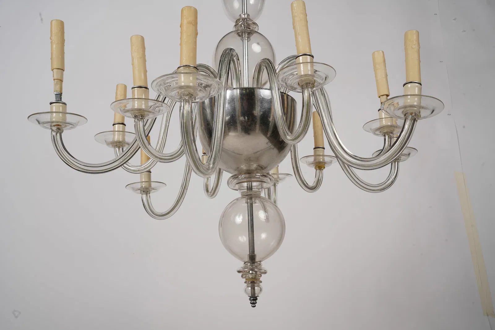 AL1-079: Mid 20th Century 12 Light Venetian Clear Blown Glass Chandelier