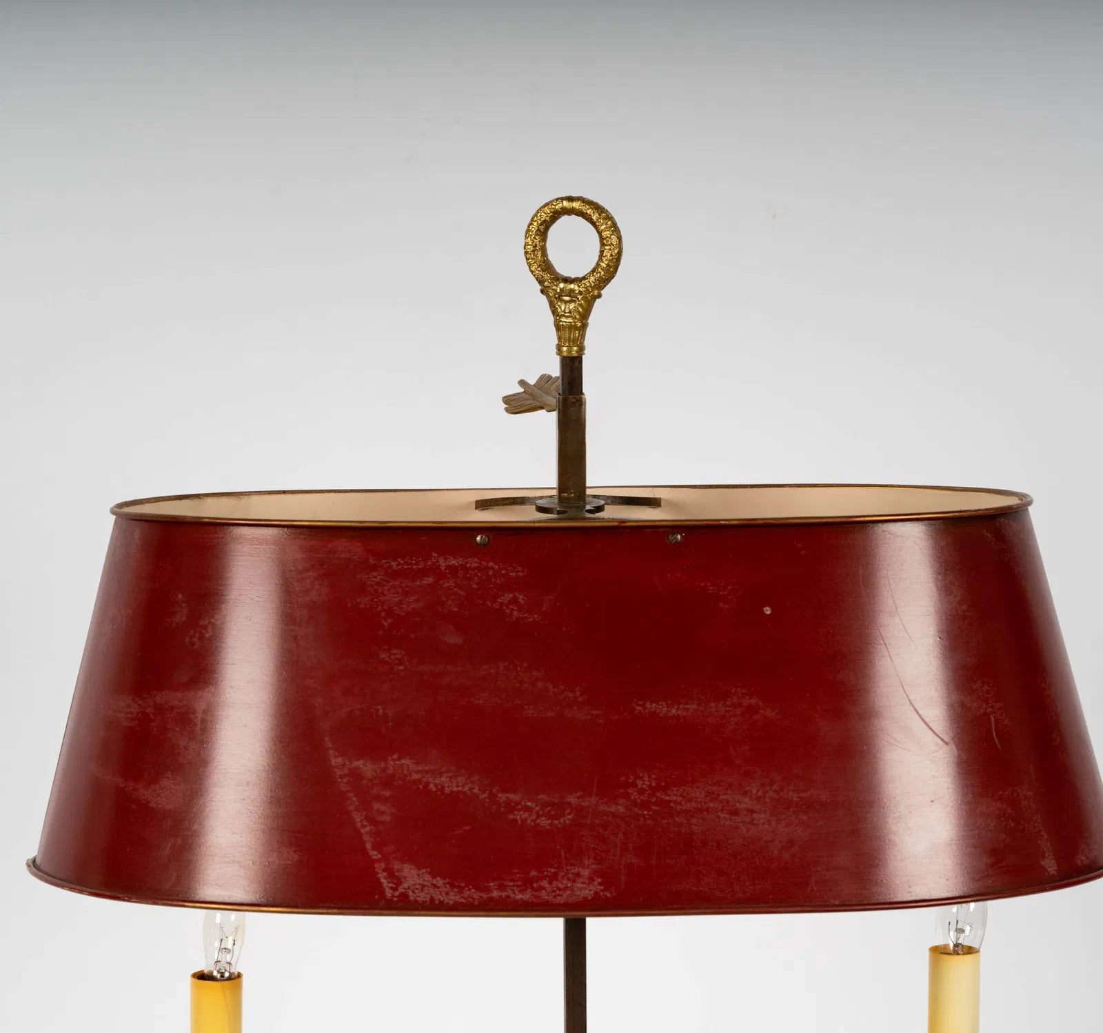 AL2-026: Antique French Two Light Bouillotte Gilt Bronze Table Lamp With Red Tole Shade