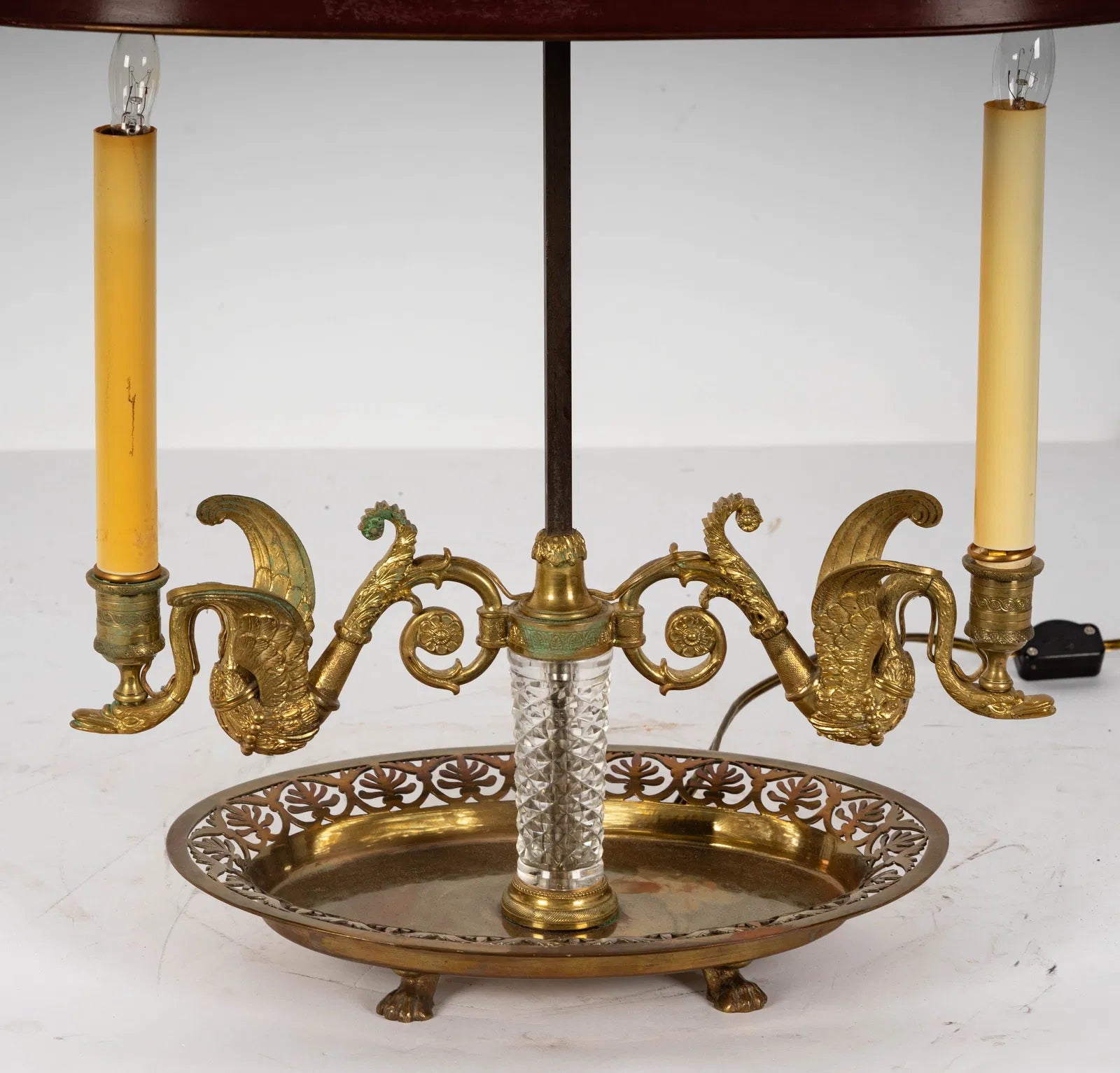 AL2-026: Antique French Two Light Bouillotte Gilt Bronze Table Lamp With Red Tole Shade