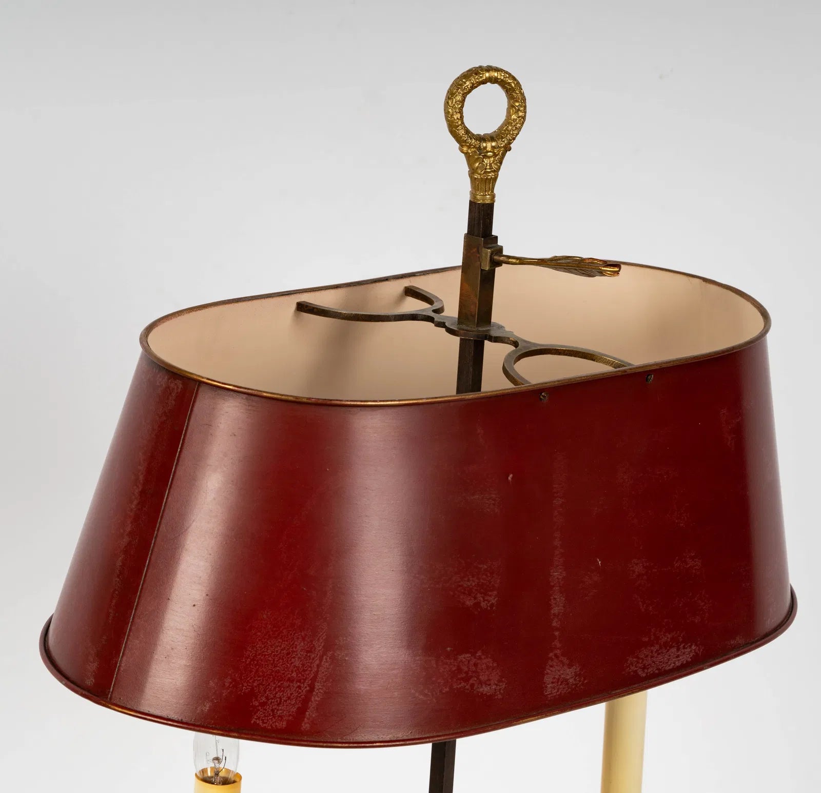 AL2-026: Antique French Two Light Bouillotte Gilt Bronze Table Lamp With Red Tole Shade