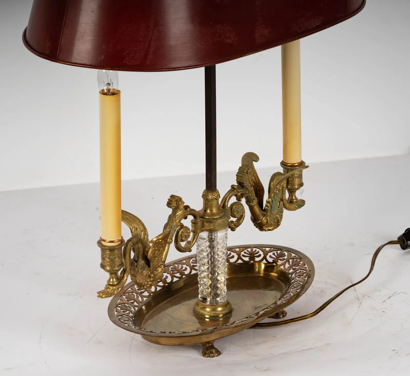 AL2-026: Antique French Two Light Bouillotte Gilt Bronze Table Lamp With Red Tole Shade