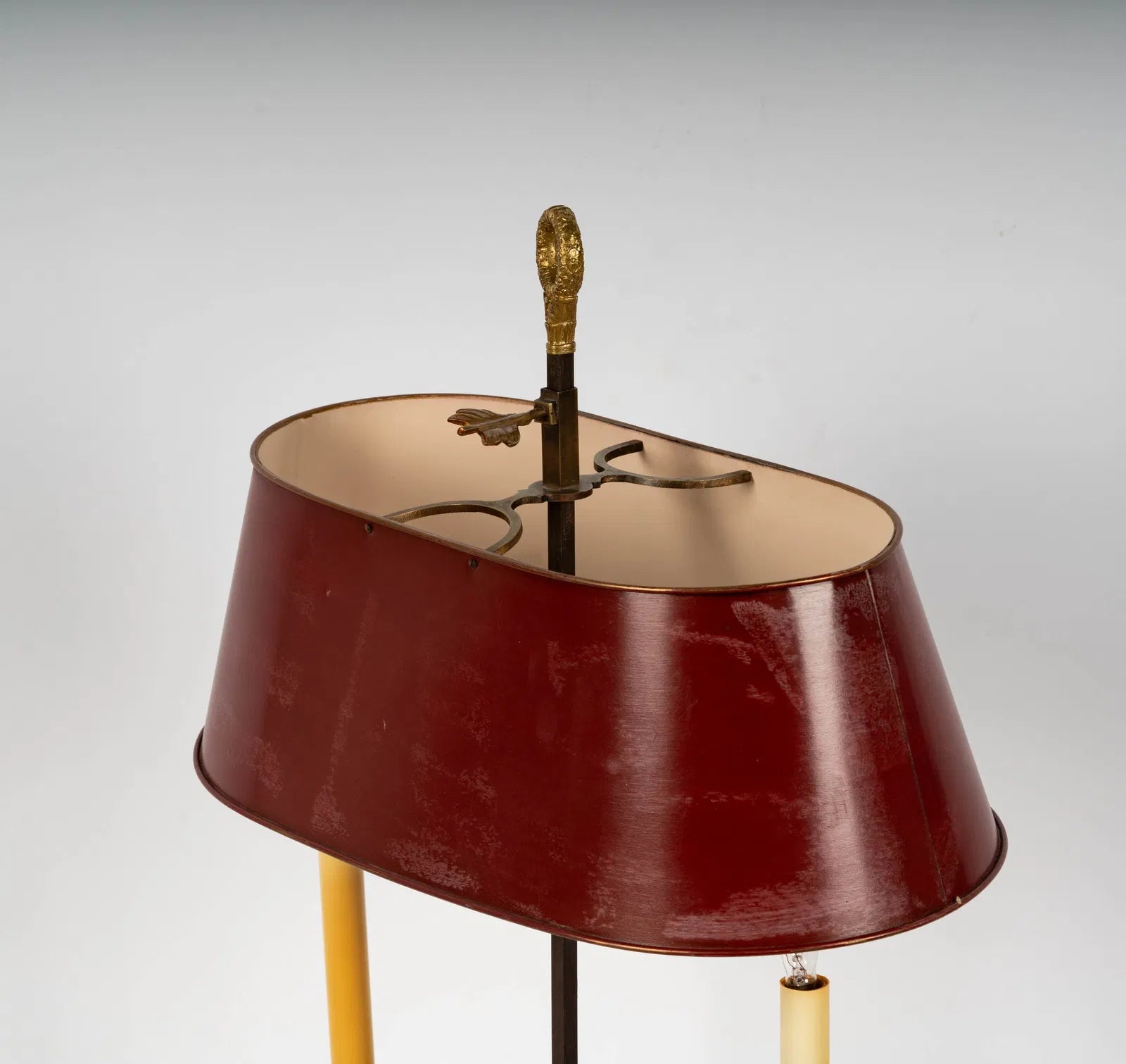 AL2-026: Antique French Two Light Bouillotte Gilt Bronze Table Lamp With Red Tole Shade