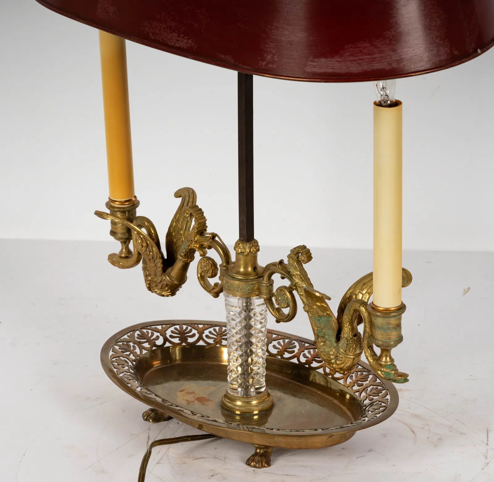 AL2-026: Antique French Two Light Bouillotte Gilt Bronze Table Lamp With Red Tole Shade