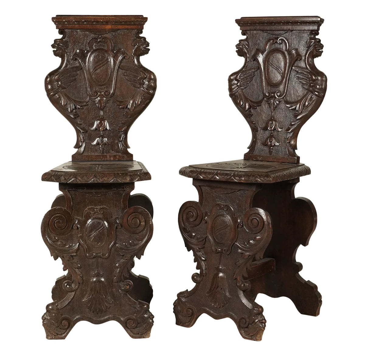 Antique Pair Walnut Renaissance Revival Sgabello Chairs | Work of Man ...