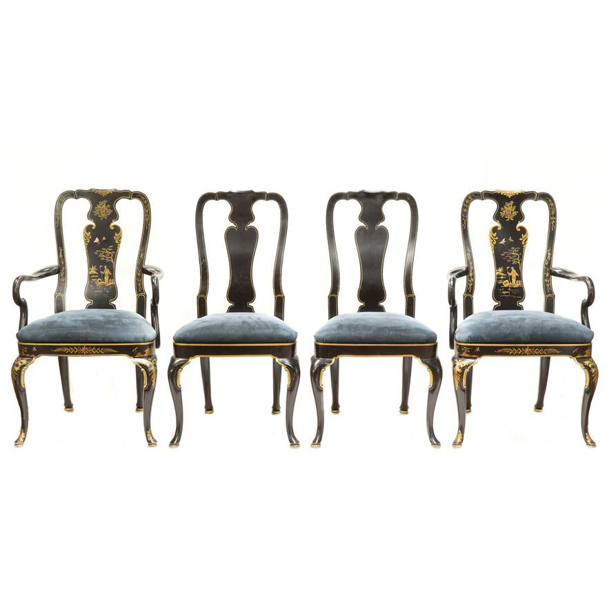 AF2-025: ANTIQUE ASSEMBLED SET OF 4 EARLY 20TH C GEORGE III STYLE EBONIZED AND JAPANNED CHAIRS - 2 ARM CHAIRS & 2 SIDE CHAIRS