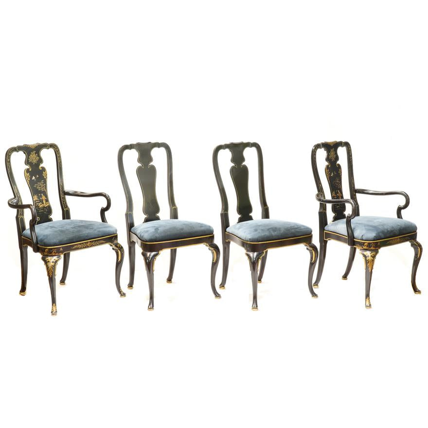 AF2-025: ANTIQUE ASSEMBLED SET OF 4 EARLY 20TH C GEORGE III STYLE EBONIZED AND JAPANNED CHAIRS - 2 ARM CHAIRS & 2 SIDE CHAIRS