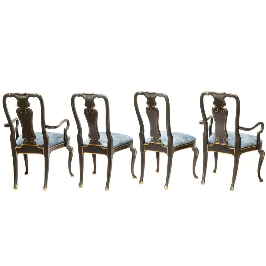 AF2-025: ANTIQUE ASSEMBLED SET OF 4 EARLY 20TH C GEORGE III STYLE EBONIZED AND JAPANNED CHAIRS - 2 ARM CHAIRS & 2 SIDE CHAIRS