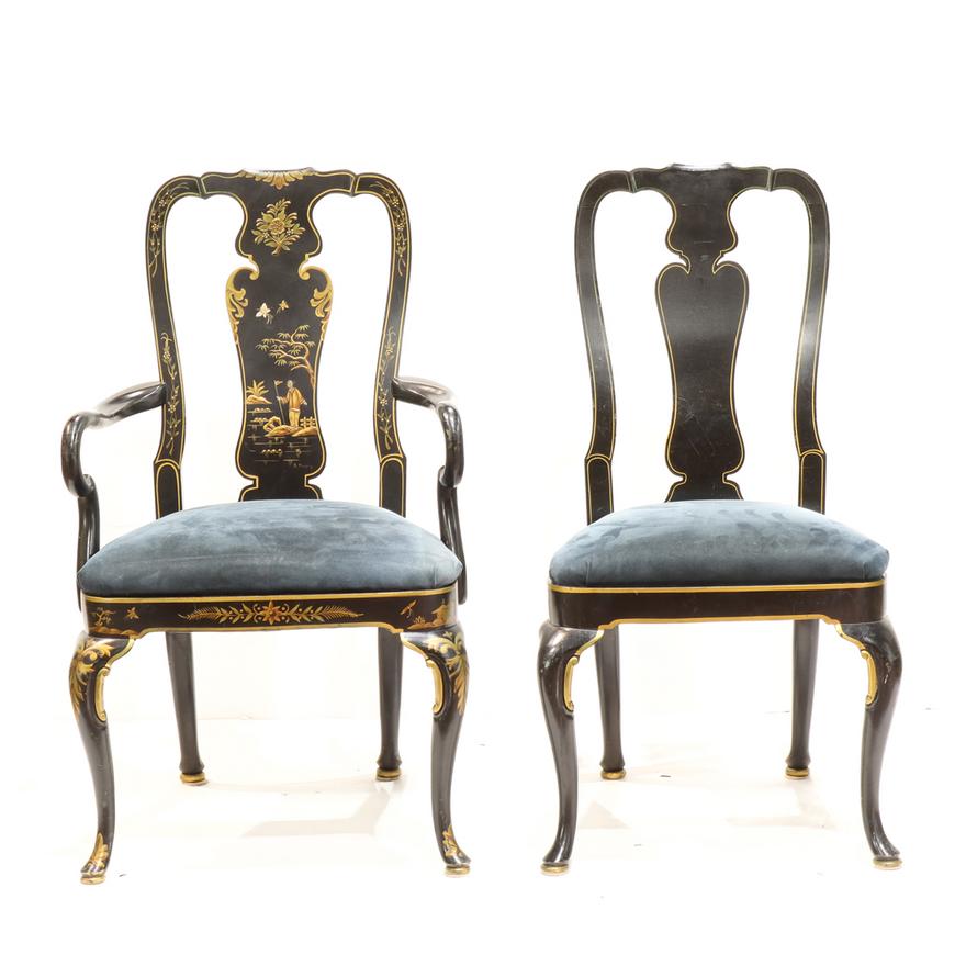 AF2-025: ANTIQUE ASSEMBLED SET OF 4 EARLY 20TH C GEORGE III STYLE EBONIZED AND JAPANNED CHAIRS - 2 ARM CHAIRS & 2 SIDE CHAIRS