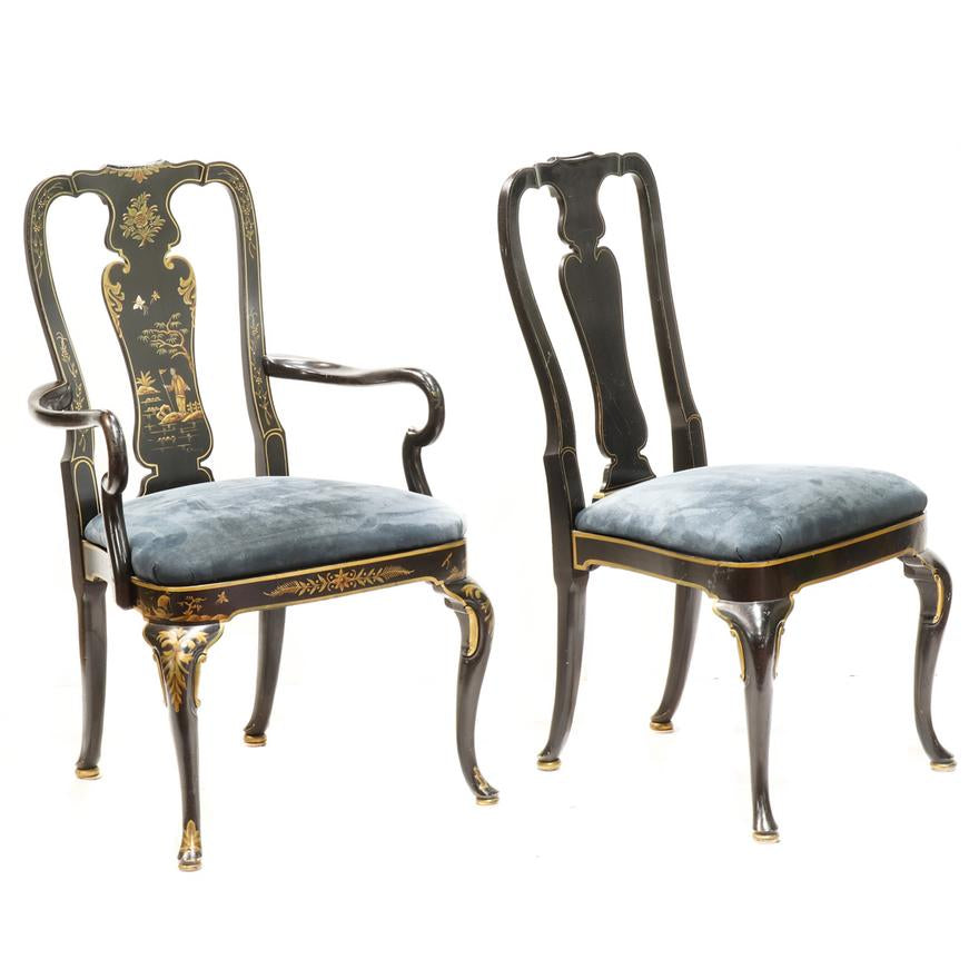 AF2-025: ANTIQUE ASSEMBLED SET OF 4 EARLY 20TH C GEORGE III STYLE EBONIZED AND JAPANNED CHAIRS - 2 ARM CHAIRS & 2 SIDE CHAIRS