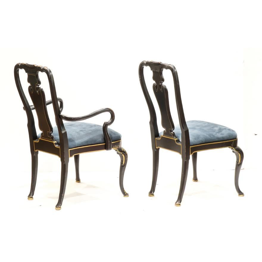 AF2-025: ANTIQUE ASSEMBLED SET OF 4 EARLY 20TH C GEORGE III STYLE EBONIZED AND JAPANNED CHAIRS - 2 ARM CHAIRS & 2 SIDE CHAIRS