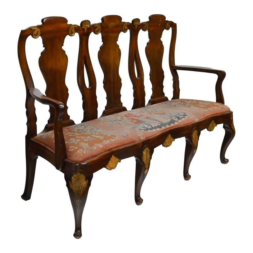 AF2-247: ANTIQUE EARLY 20TH CENTURY ENGLISH GEORGIAN STYLE MAHOGANY TRIPLE BACK CARVED SETTEE