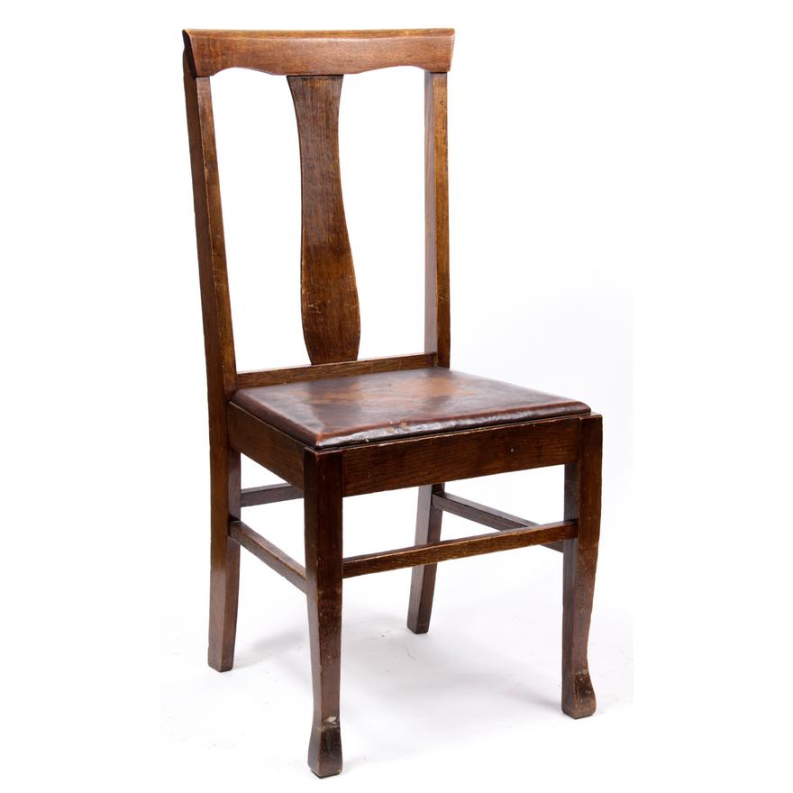 AF2-108: ANTIQUE SET OF 6 Circa 1900 AMERICAN OAK "T-BACK" DINING CHAIRS W/ LEATHER SEATS