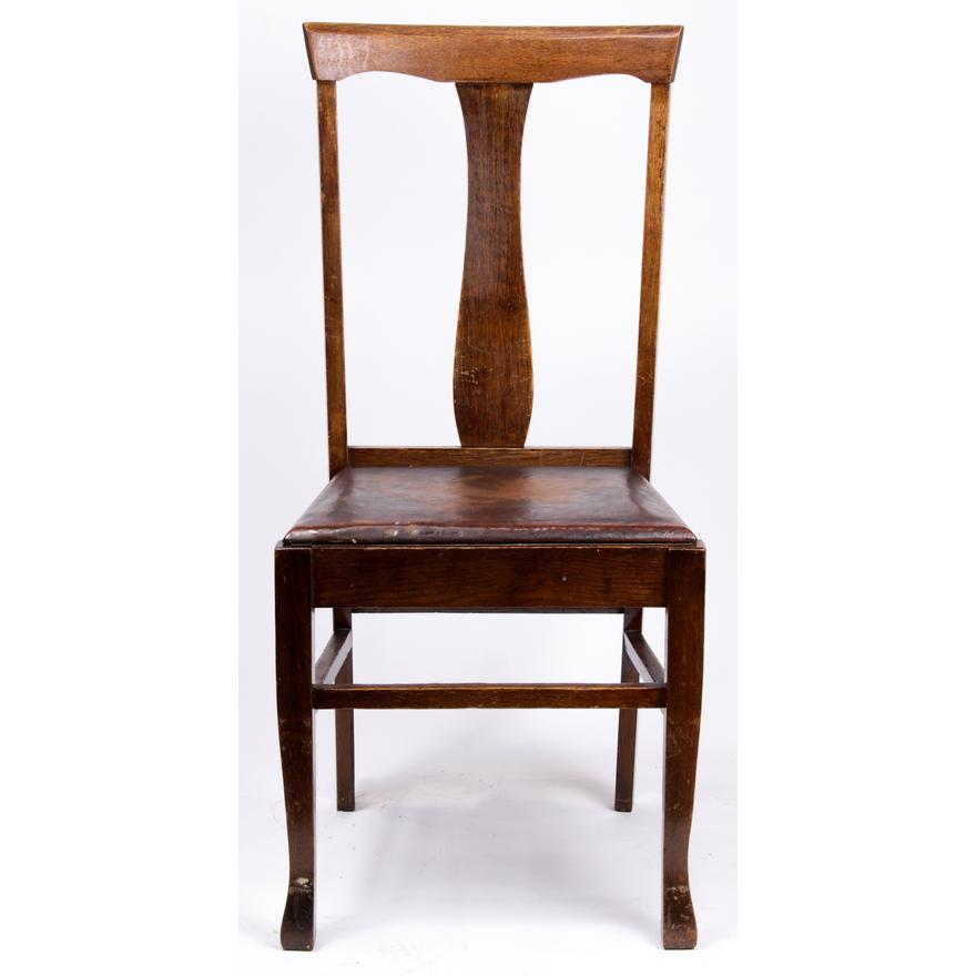 AF2-108: ANTIQUE SET OF 6 Circa 1900 AMERICAN OAK "T-BACK" DINING CHAIRS W/ LEATHER SEATS