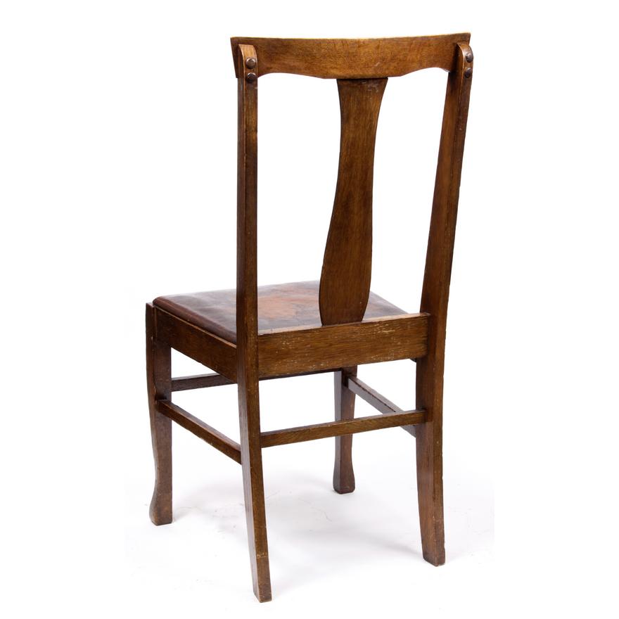 AF2-108: ANTIQUE SET OF 6 Circa 1900 AMERICAN OAK "T-BACK" DINING CHAIRS W/ LEATHER SEATS