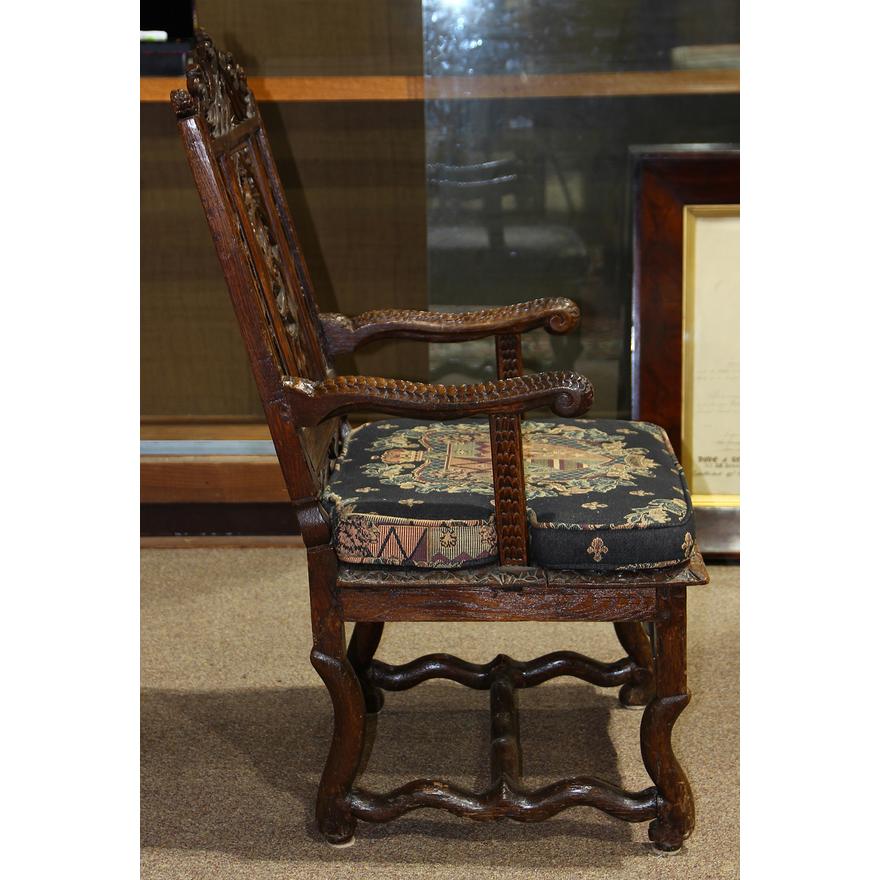 AF2-109: Antique Early 18th Century French Louis XIII Highly Carved Oak Armchair