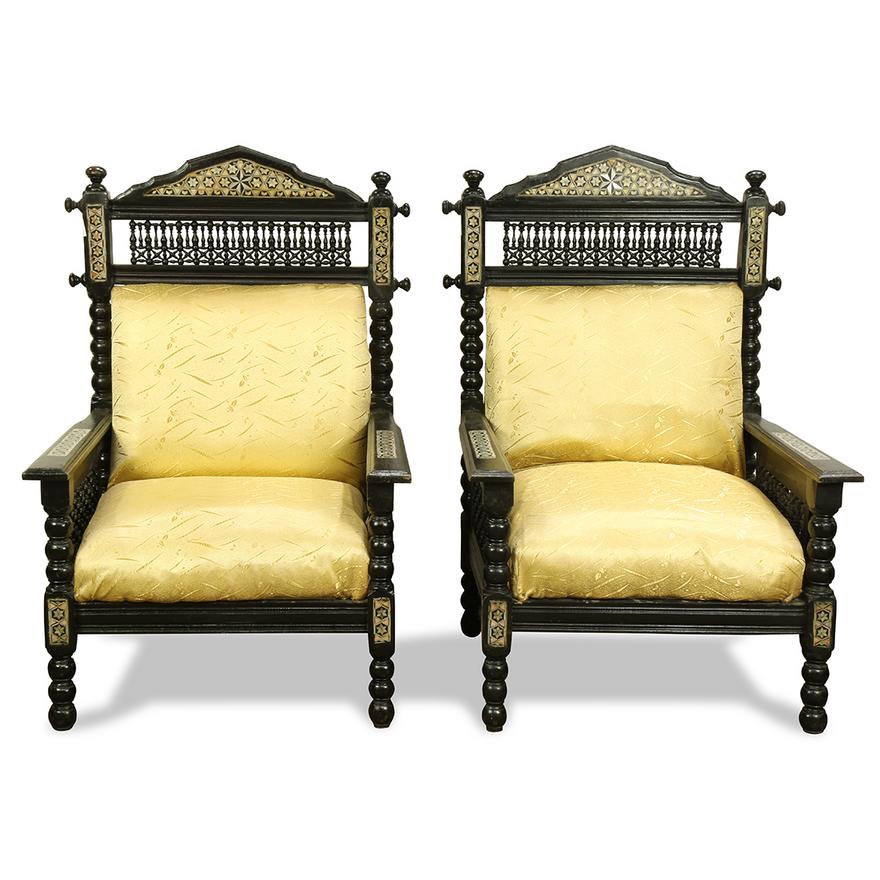 AF2-132: ANTIQUE PAIR OF LATE 19TH CENTURY SYRIAN EBONIZED WOOD AND MOTHER-OF-PEARL INLAID CHAIRS