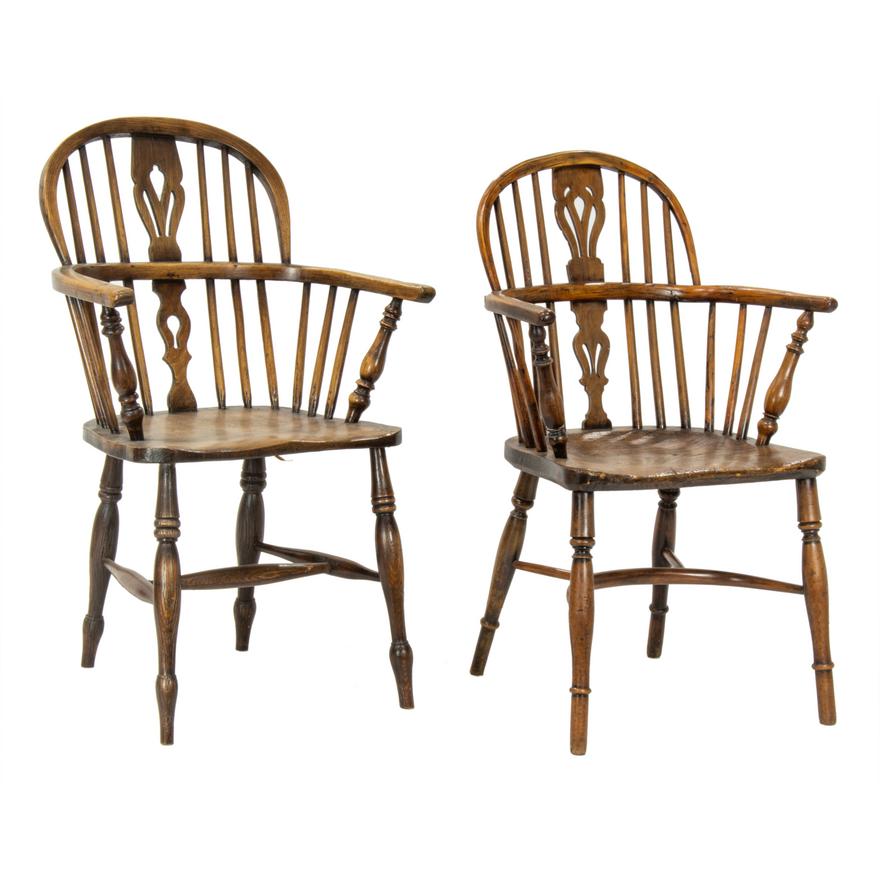 AF2-006: ANTIQUE NEAR PAIR OF EARLY 19TH CENTURY ENGLISH BOW BACK WINDSOR ARMCHAIRS