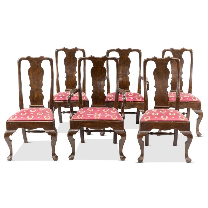 AF2-222: VINTAGE SET OF 6 MID 20TH CENTURY QUEEN ANNE STYLE OAK DINING CHAIRS