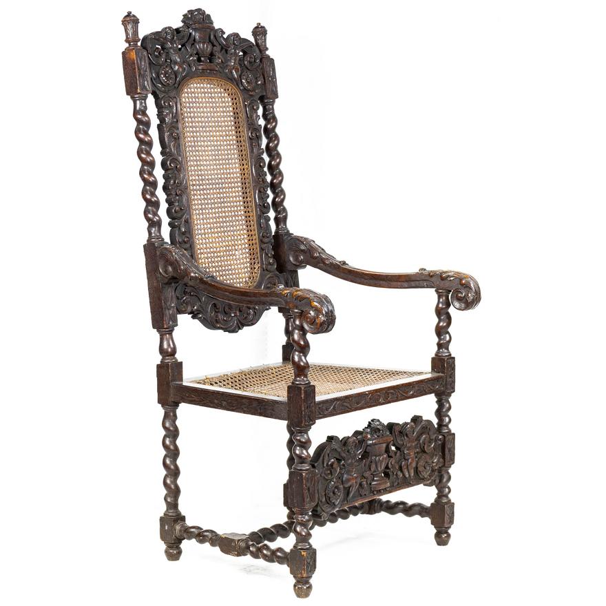 AF2-225: ANTIQUE 18TH CENTURY JACOBEAN /  BAROQUE CARVED WALNUT ARM CHAIR