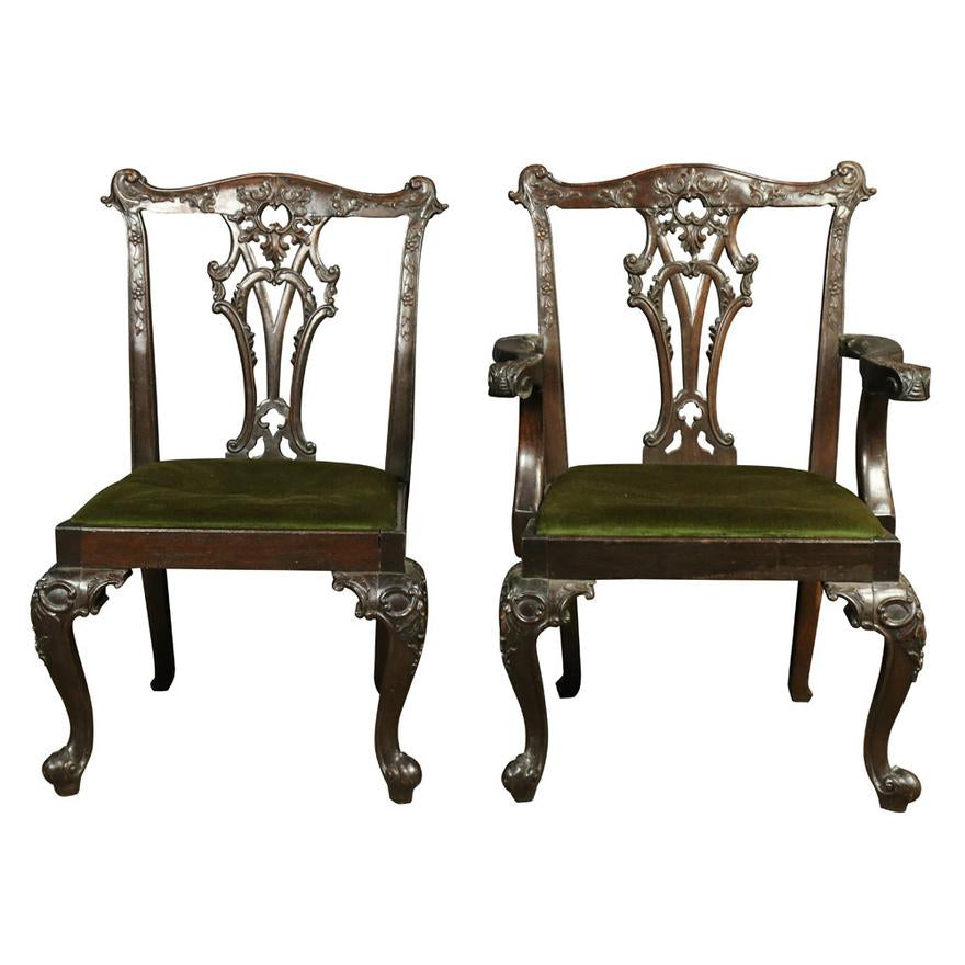 AF2-140: ANTIQUE SET OF 8 EARLY 19TH CENTURY CHIPPENDALE STYLE DINING CHAIRS ON CABRIOLE LEGS