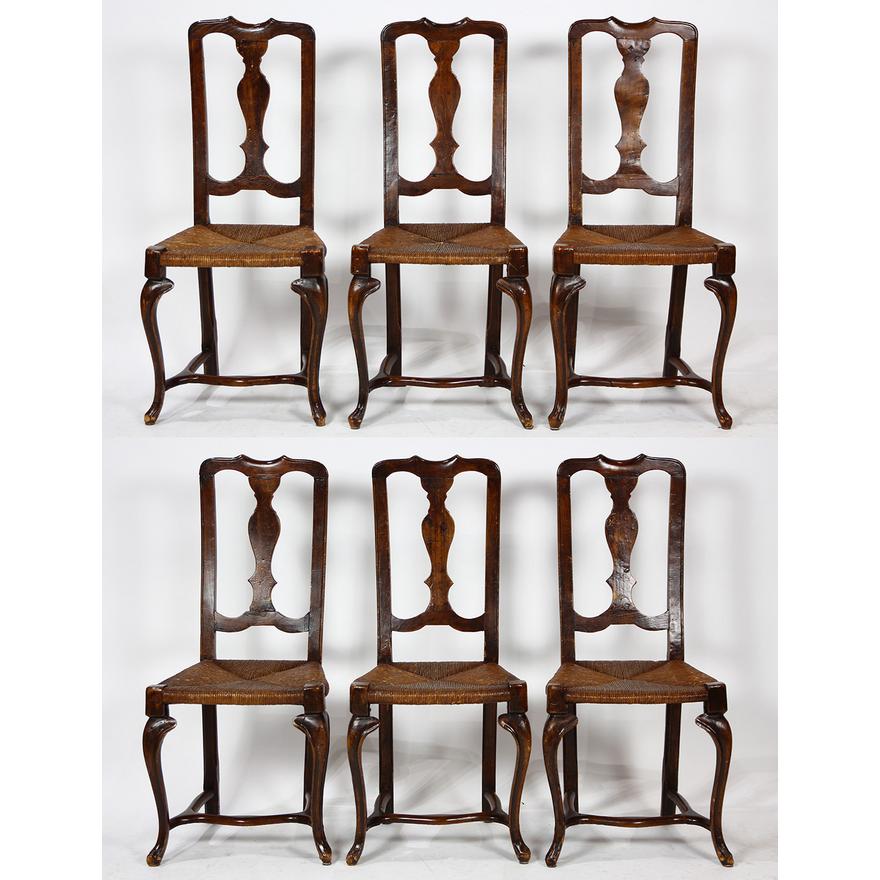 AF2-116: ANTIQUE SET OF 6 LATE 19TH CENTURY FRENCH PROVINCIAL DINING CHAIRS WITH RUSH SEATS