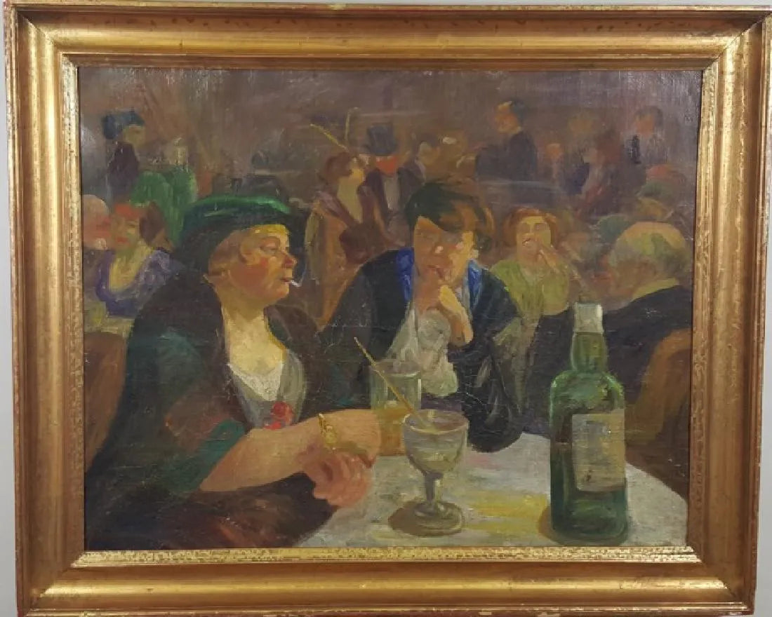 AW583: French School - Early 20th Century - Bistro Interior - Oil on Canvas