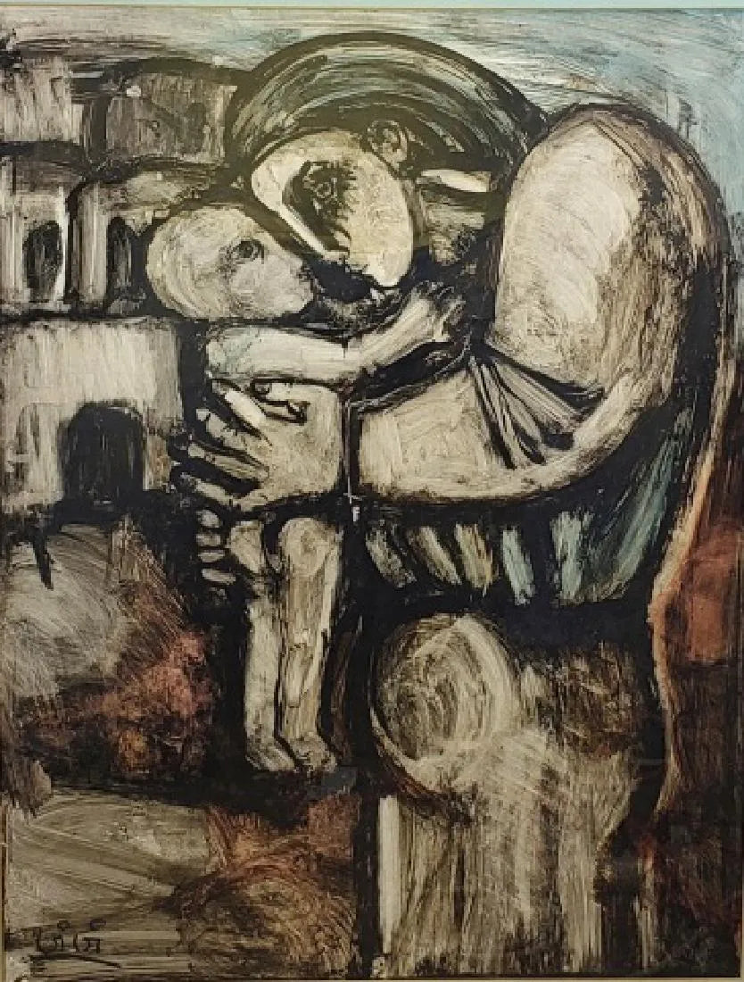 AW579: Mother & Child - American School - Mid 20th Century - Oil on Paper