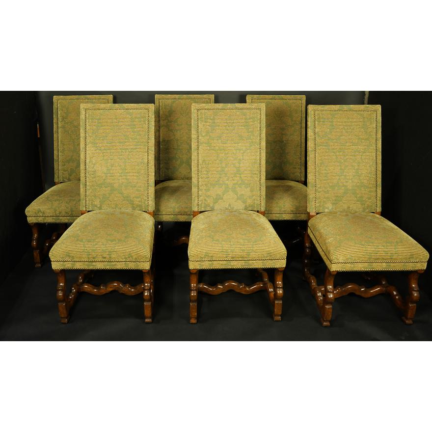 AF2-184: ANTIQUE SET OF 8 LATE 20TH CENTURY LOUIS XIV STYLE WALNUT-STAINED WOOD DINING CHAIRS - 2 ARM / 6 SIDE CHAIRS