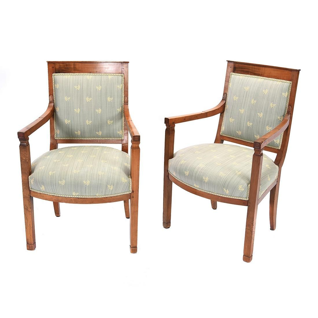 AF2-242: ANTIQUE PAIR OF EARLY 19TH CENTURY FRENCH DIRECTOIRE FRUITWOOD FAUTEUIL ARMCHAIRS