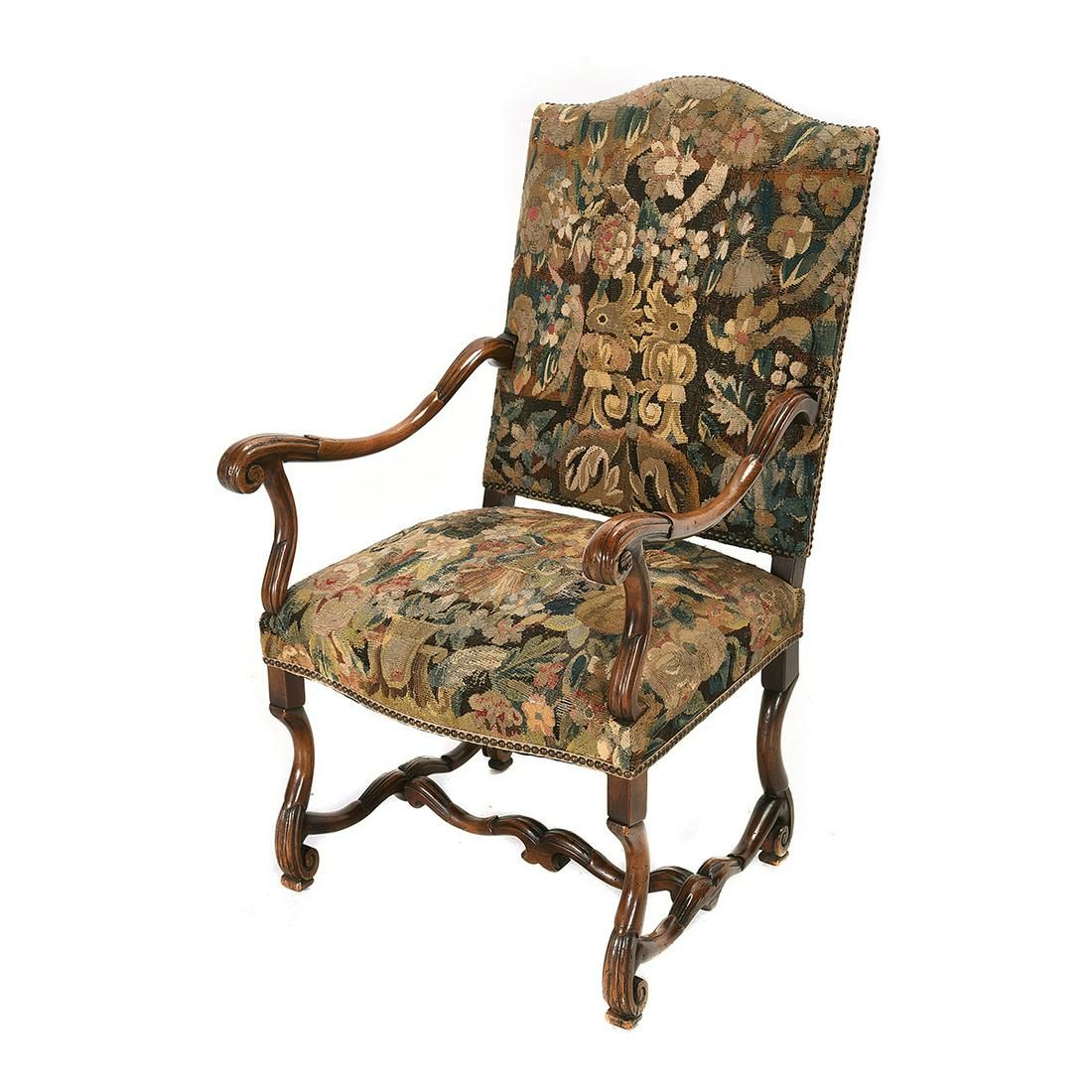 AF2-244: ANTIQUE LATE 18TH CENTURY LOUIS XIII REVIVAL ARMCHAIR WITH FLEMISH TAPESTRY UPHOLSTERY