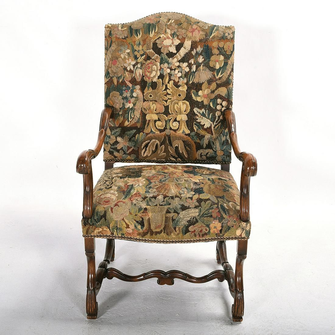 AF2-244: ANTIQUE LATE 18TH CENTURY LOUIS XIII REVIVAL ARMCHAIR WITH FLEMISH TAPESTRY UPHOLSTERY