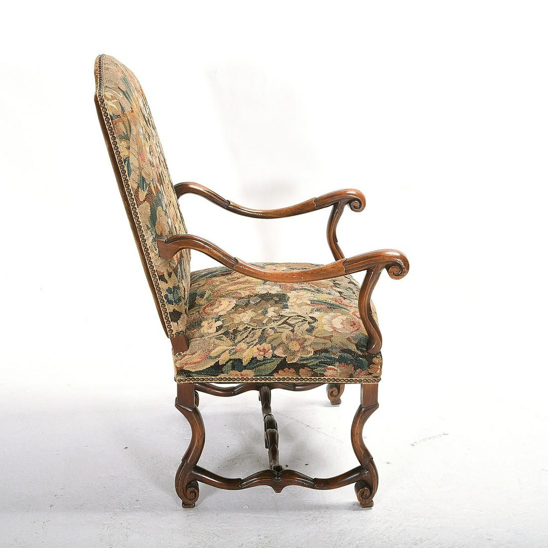 AF2-244: ANTIQUE LATE 18TH CENTURY LOUIS XIII REVIVAL ARMCHAIR WITH FLEMISH TAPESTRY UPHOLSTERY