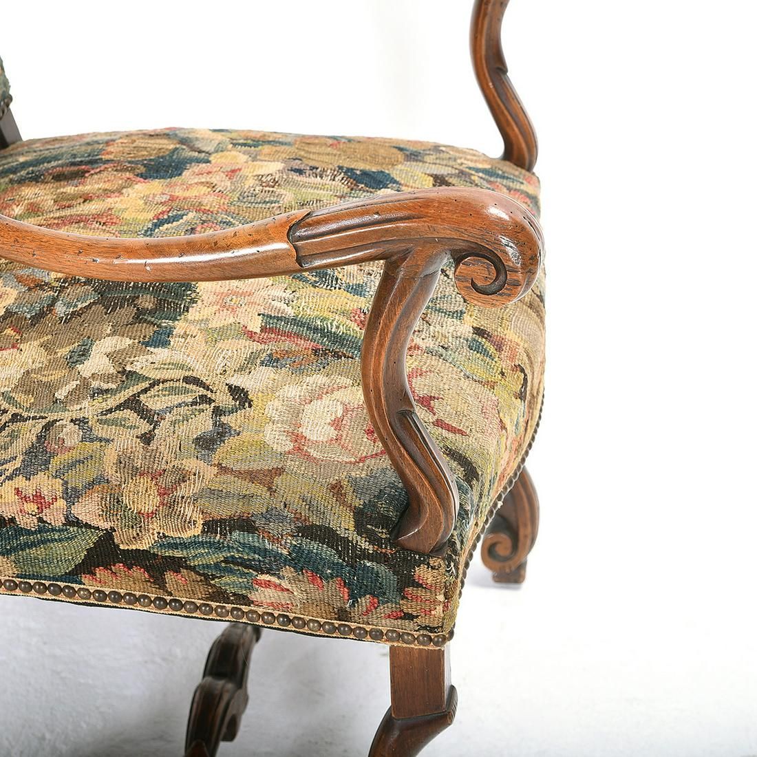 AF2-244: ANTIQUE LATE 18TH CENTURY LOUIS XIII REVIVAL ARMCHAIR WITH FLEMISH TAPESTRY UPHOLSTERY