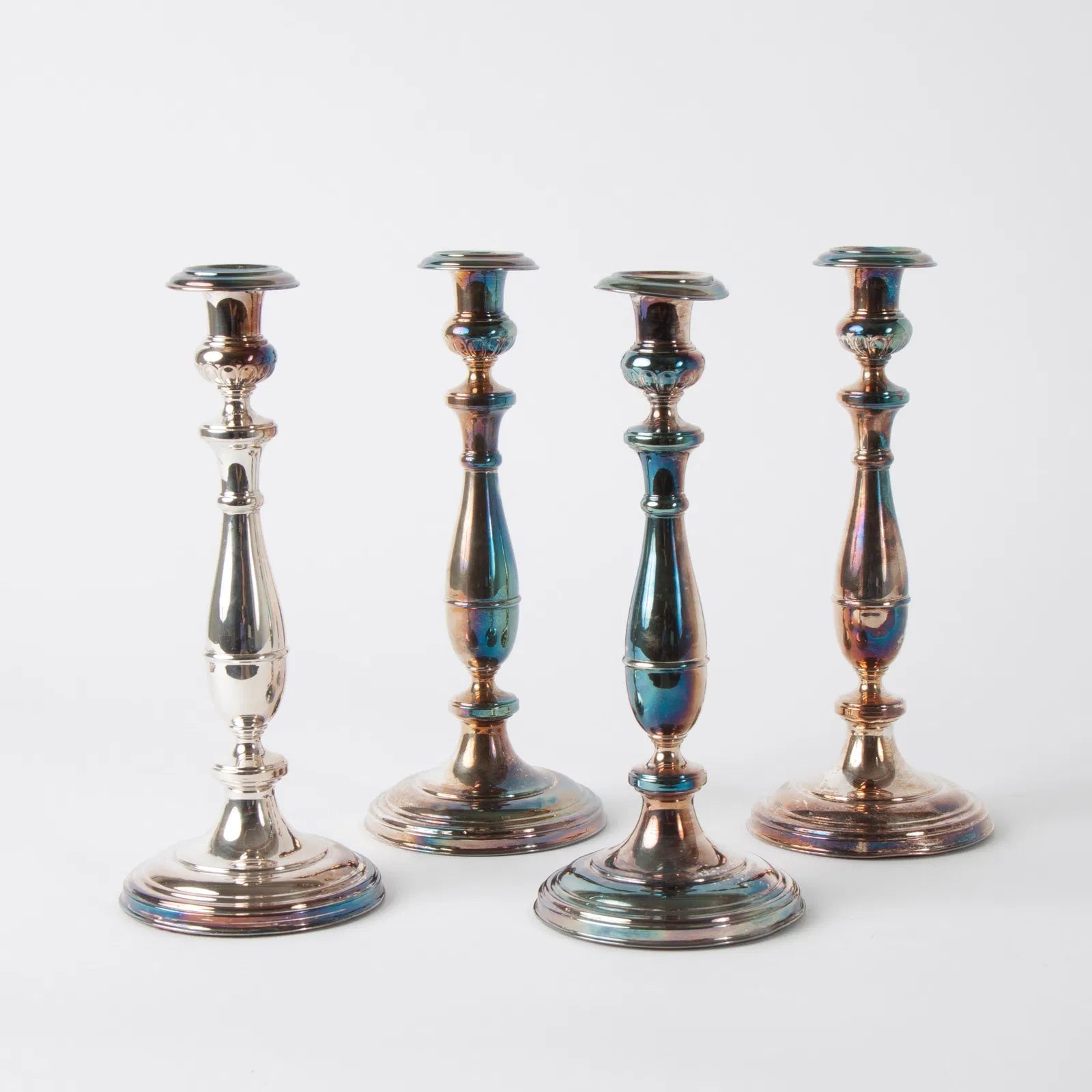 DA2-050: Circa 1850 Set of Four Matching Silver Over Copper Weighted Candlesticks by Hossauer Berlin