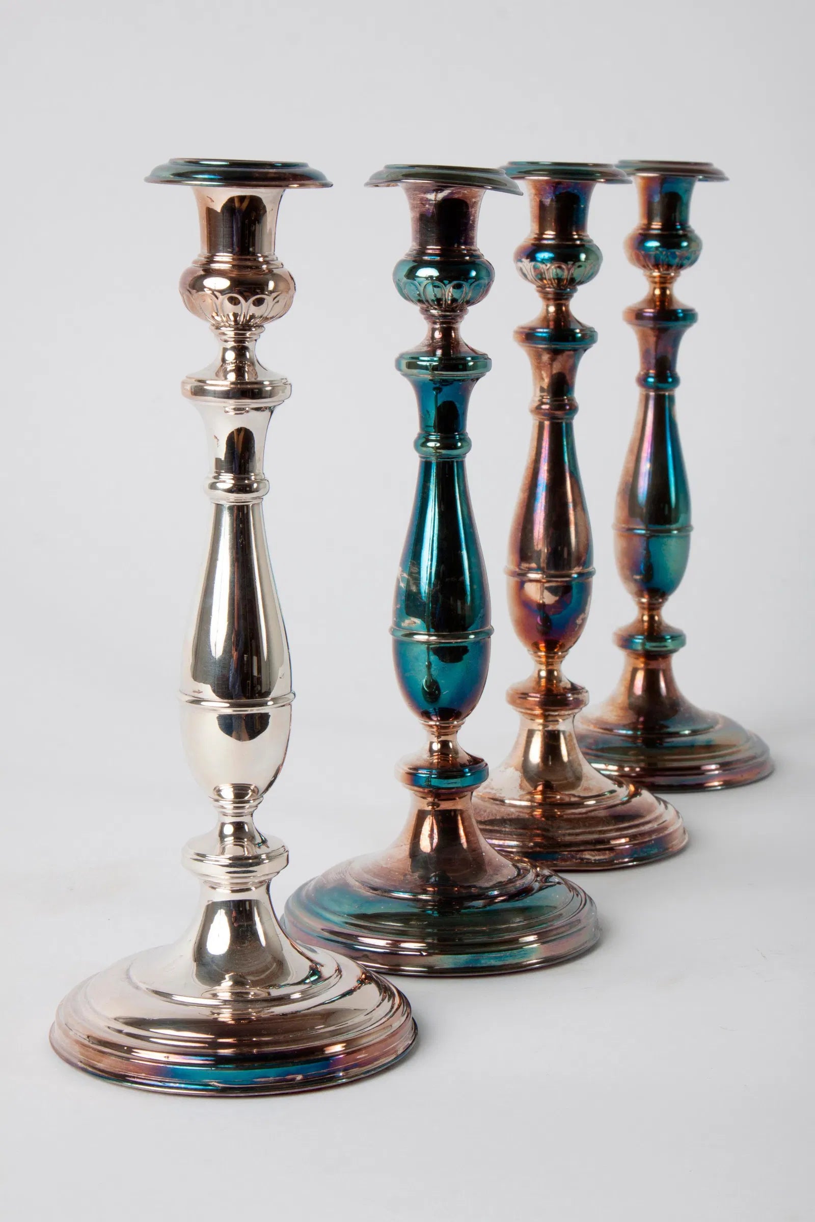 DA2-050: Circa 1850 Set of Four Matching Silver Over Copper Weighted Candlesticks by Hossauer Berlin