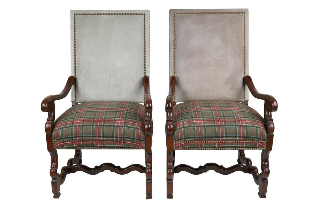 AF2-126: ANTIQUE SET OF 4 LATE 20TH CENTURY LOUIS XIV STYLE STYLE WALNUT UPHOLSTERED ARMCHAIRS