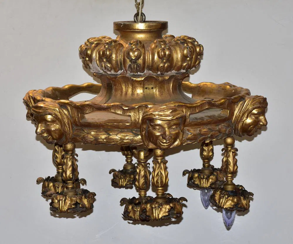 AL1-072: Antique Circa 1900 Arts & Crafts Monks Head Gilt Gesso Chandelier