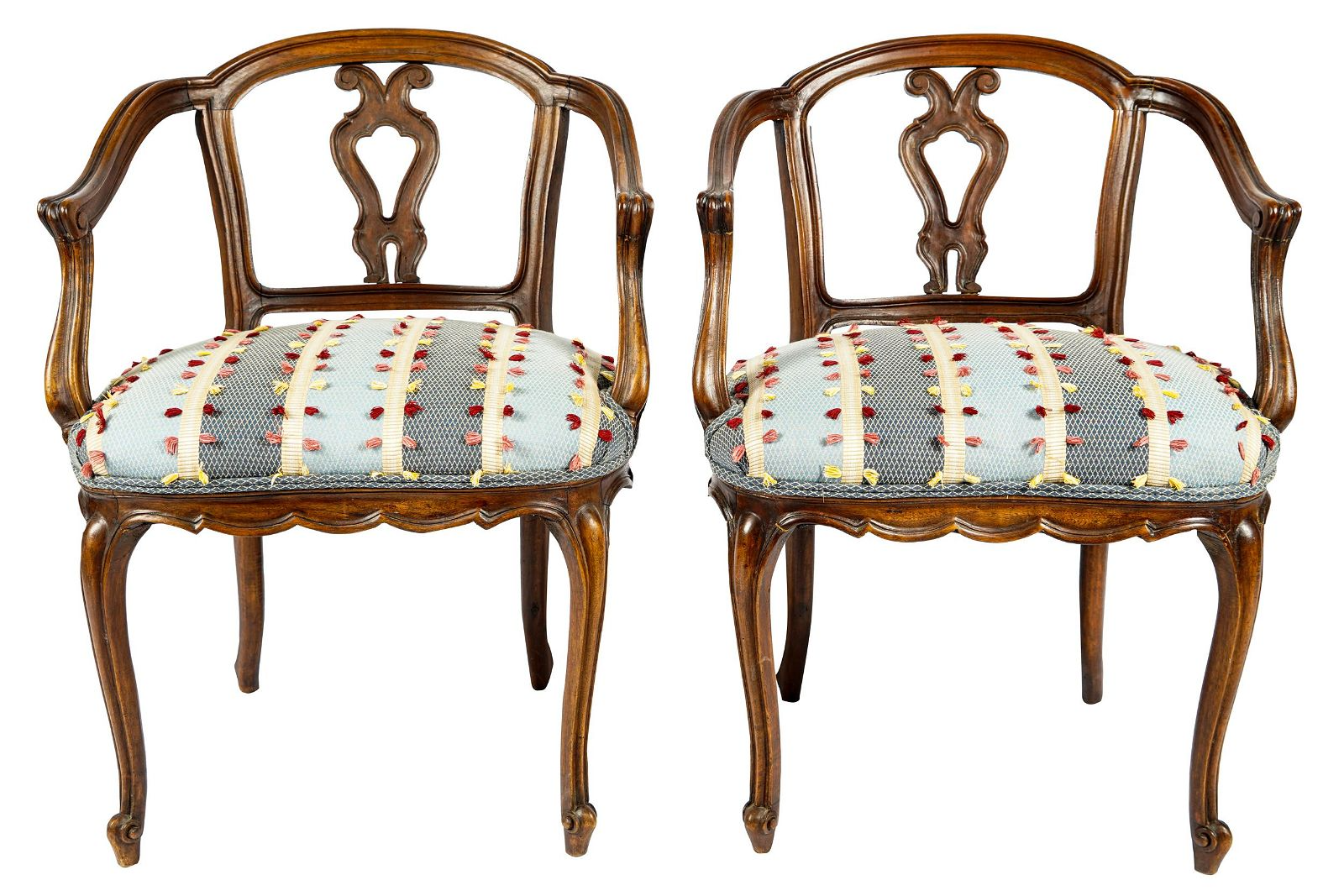 AF2-014: ANTIQUE PAIR OF LATE 19TH CENTURY FRENCH PROVINCIAL CARVED WALNUT ARMCHAIRS