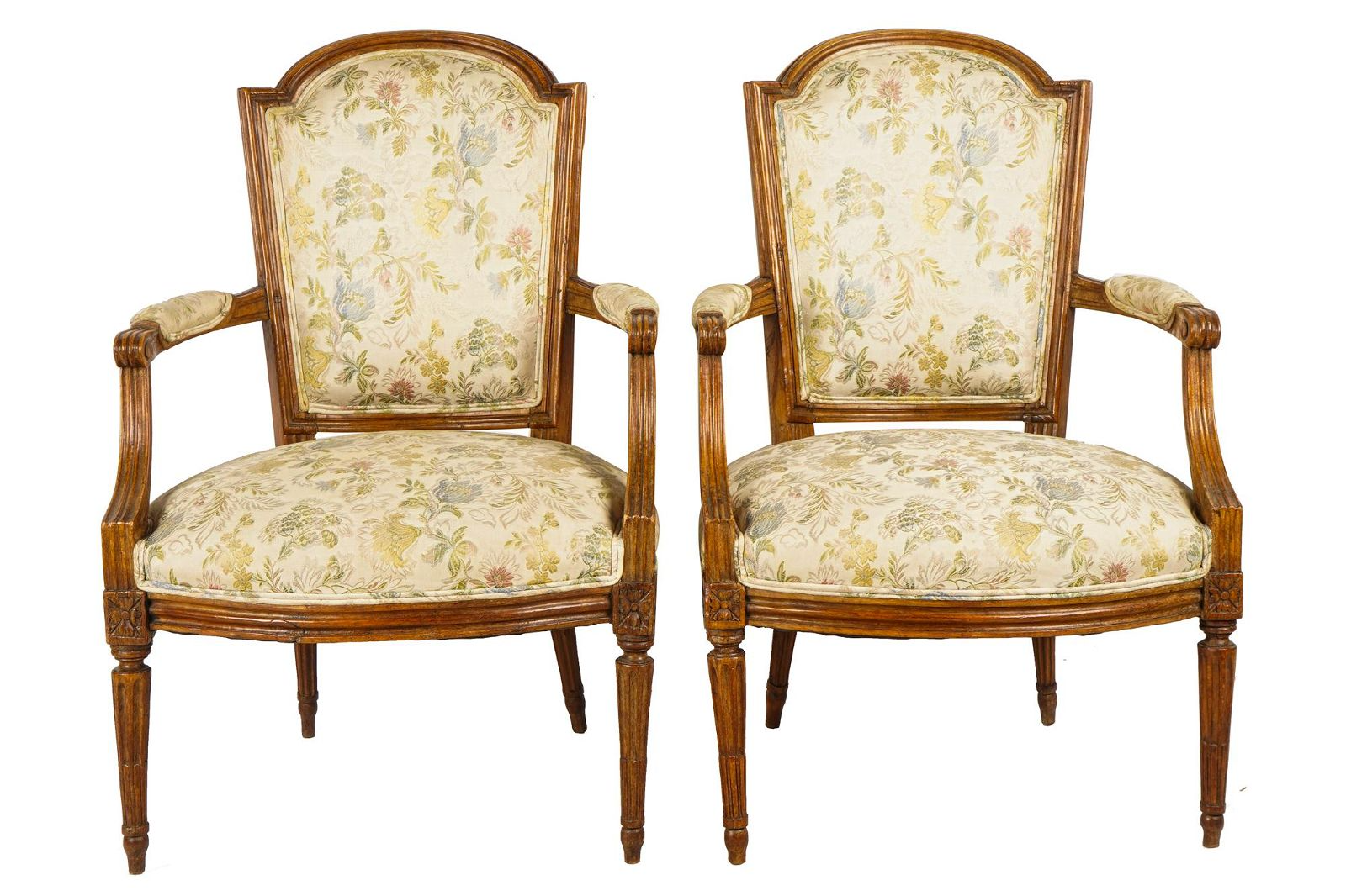 AF2-013: ANTIQUE PAIR OF LATE 19TH CENTURY FRENCH LOUIS XVI STYLE CARVED WALNUT FAUTEUILS