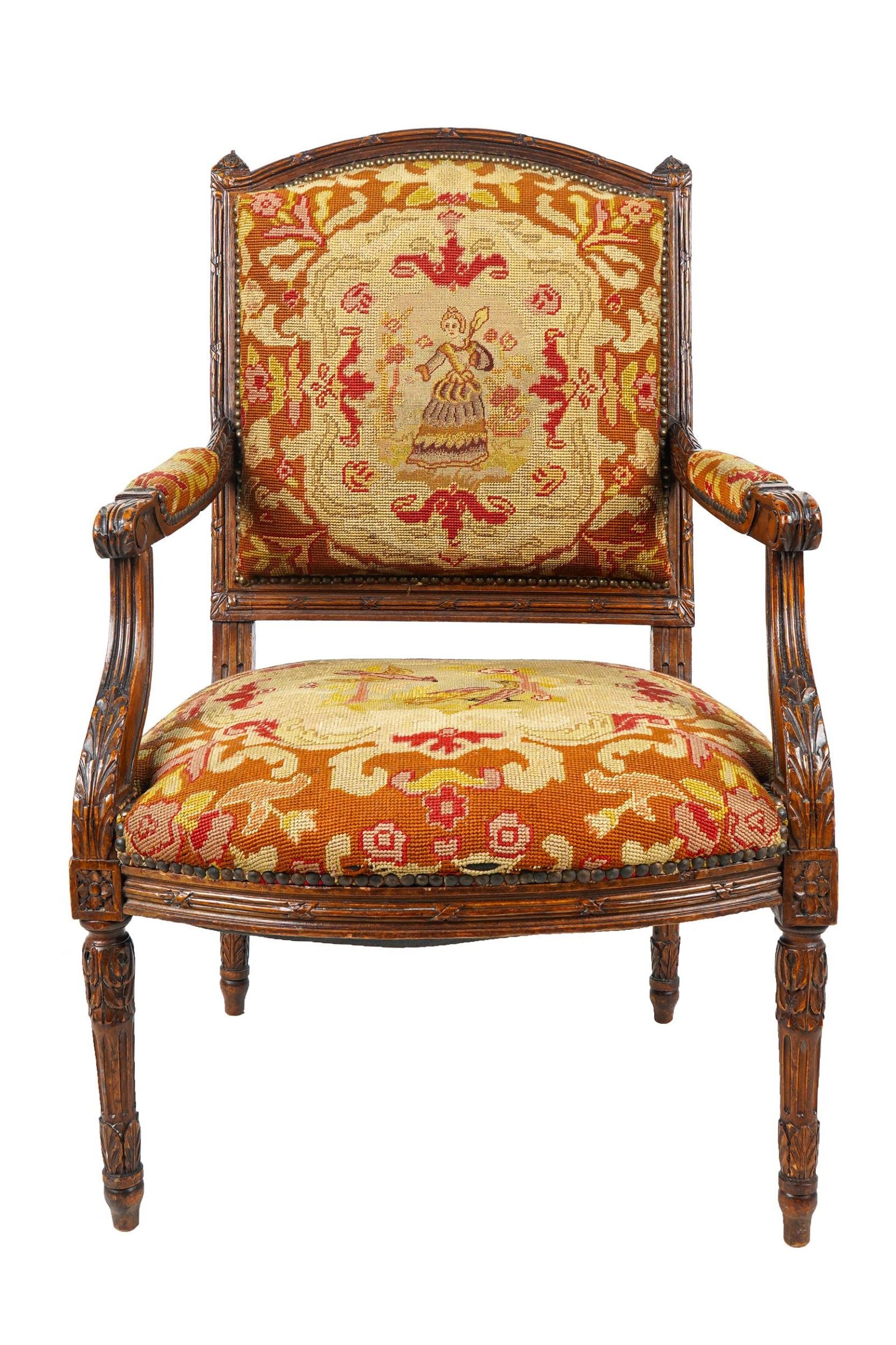 AF2-012: ANTIQUE LATE 19TH CENTURY FRENCH LOUIS XVI STYLE CARVED WALNUT FAUTEUIL