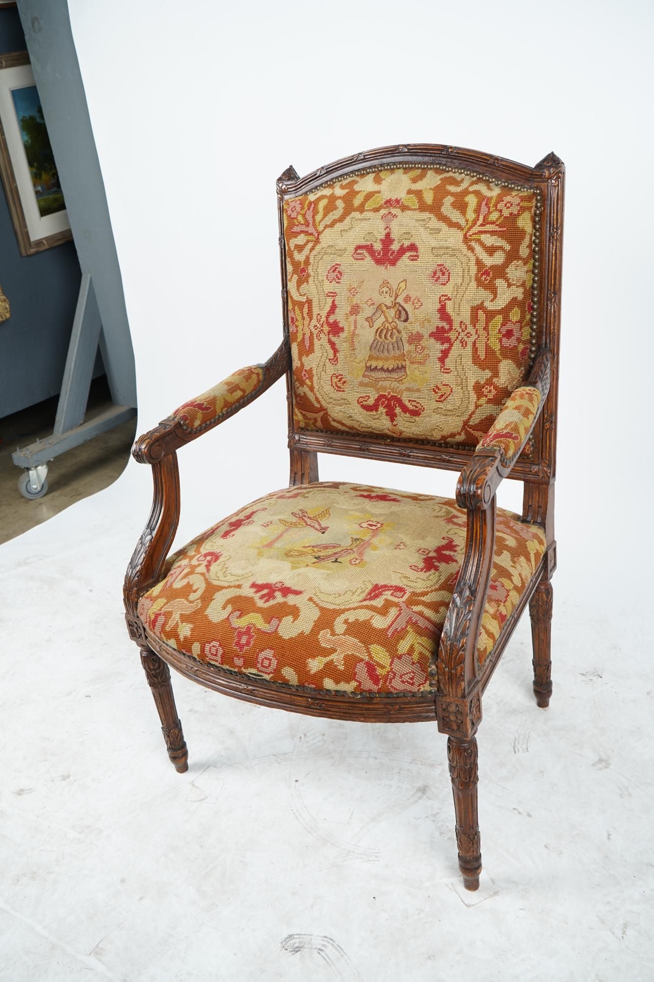 AF2-012: ANTIQUE LATE 19TH CENTURY FRENCH LOUIS XVI STYLE CARVED WALNUT FAUTEUIL