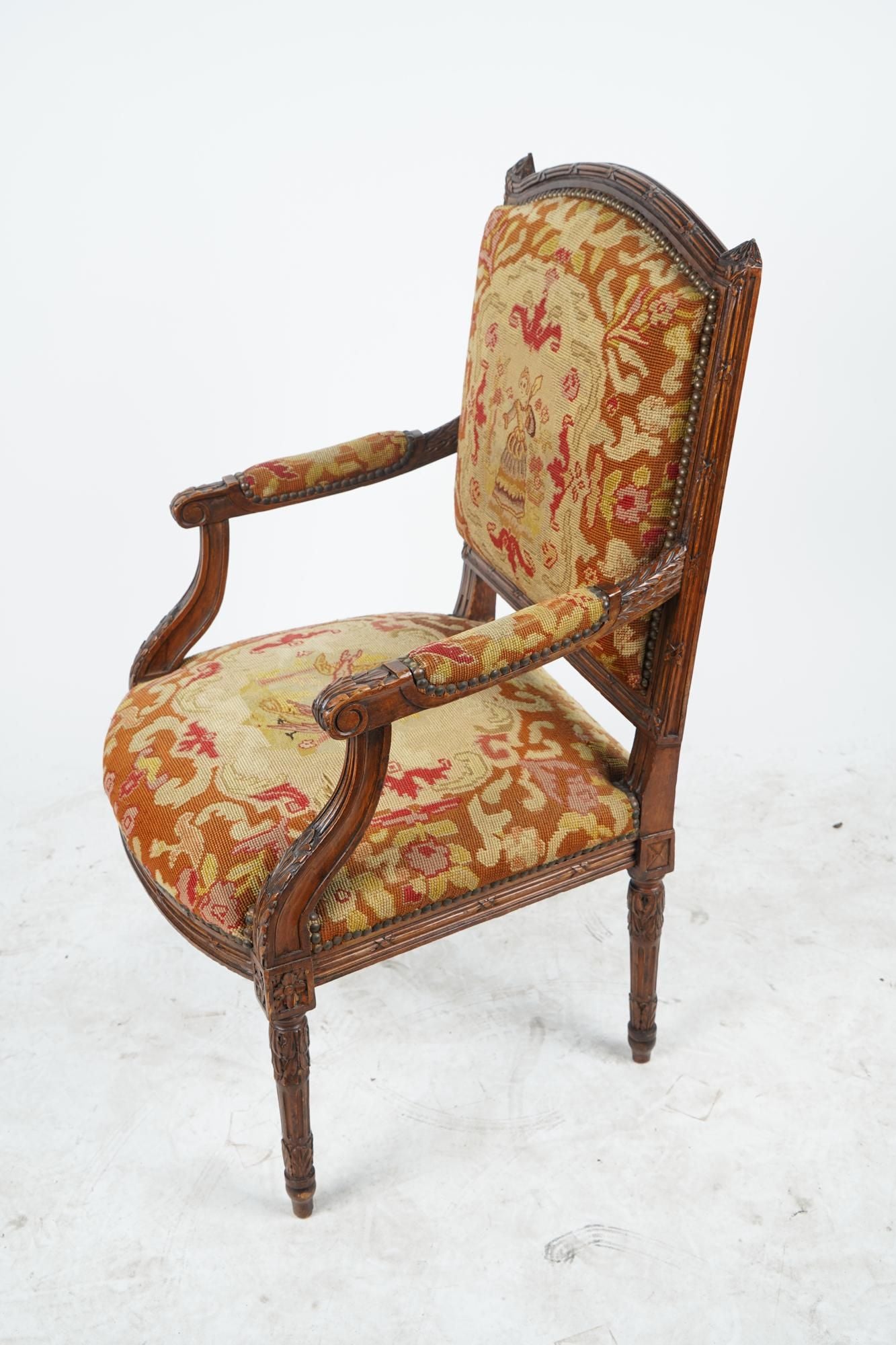 AF2-012: ANTIQUE LATE 19TH CENTURY FRENCH LOUIS XVI STYLE CARVED WALNUT FAUTEUIL