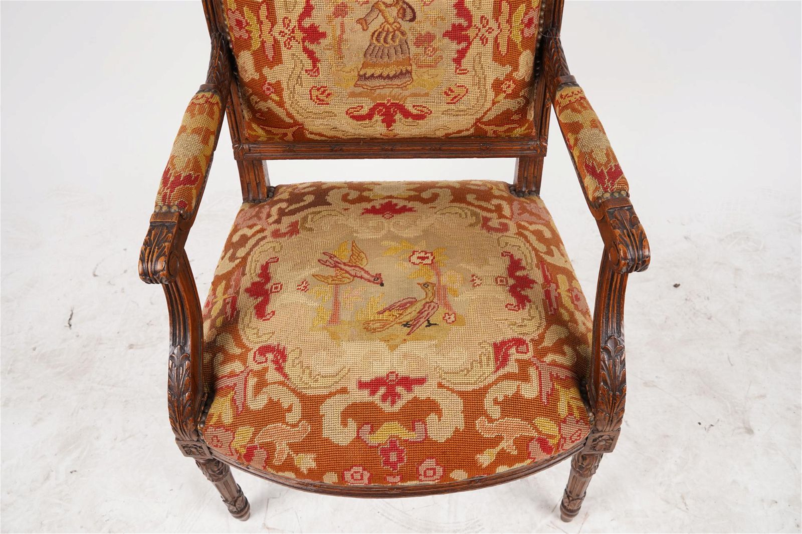 AF2-012: ANTIQUE LATE 19TH CENTURY FRENCH LOUIS XVI STYLE CARVED WALNUT FAUTEUIL