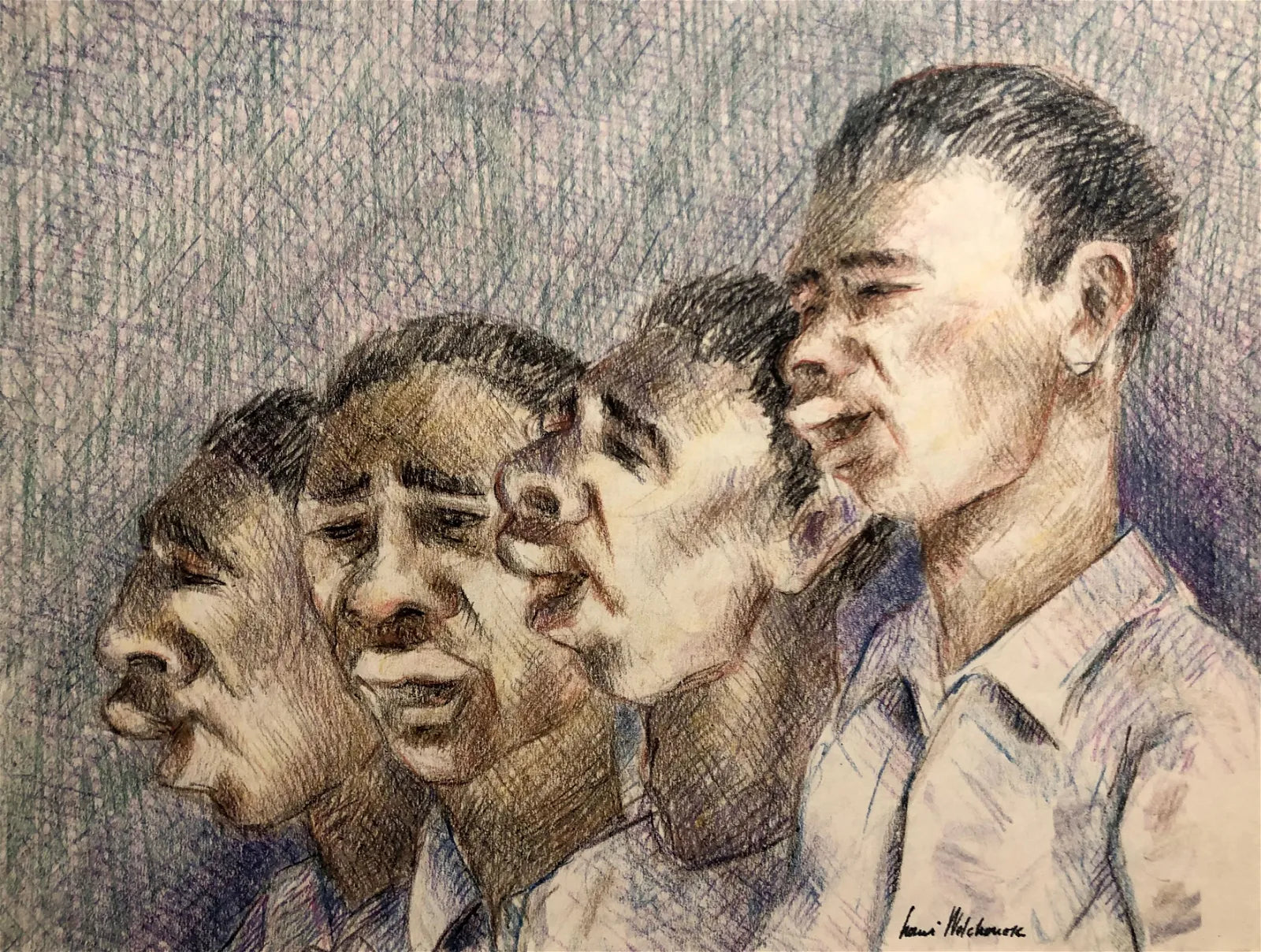 AW6-005: Louis Wolchonok (1898-1973) - "Gospel Singers"; c. 1960 - Colored Pencil on Paper