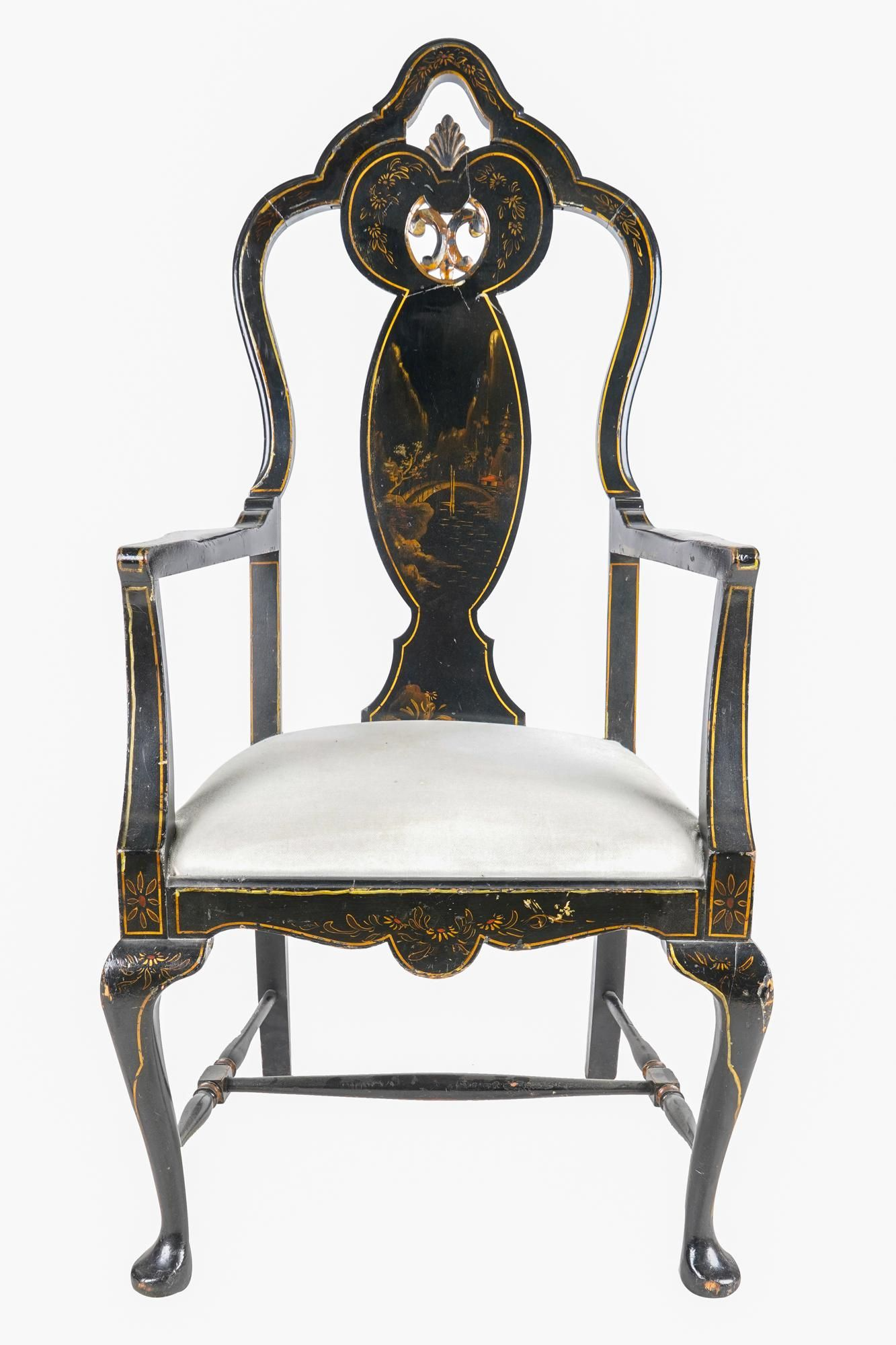 AF2-016: ANTIQUE EARLY 20TH CENTURY AMERICAN GEORGIAN STYLE CHINOISERIE ARM CHAIR