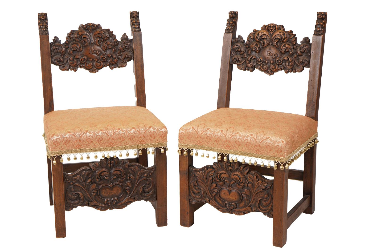 AF2-021: ANTIQUE PAIR OF MID 19TH CENTURY HIGHLY CARVED JACOBEAN WALNUT LOW SIDE CHAIRS