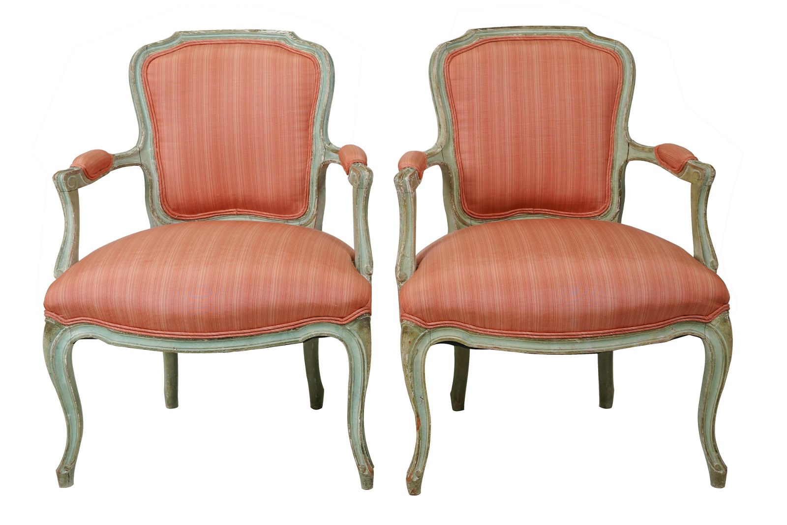 AF2-019: ANTIQUE PAIR OF LATE 19TH CENTURY PAINTED LOUIS XV STYLE FAUTEUILS